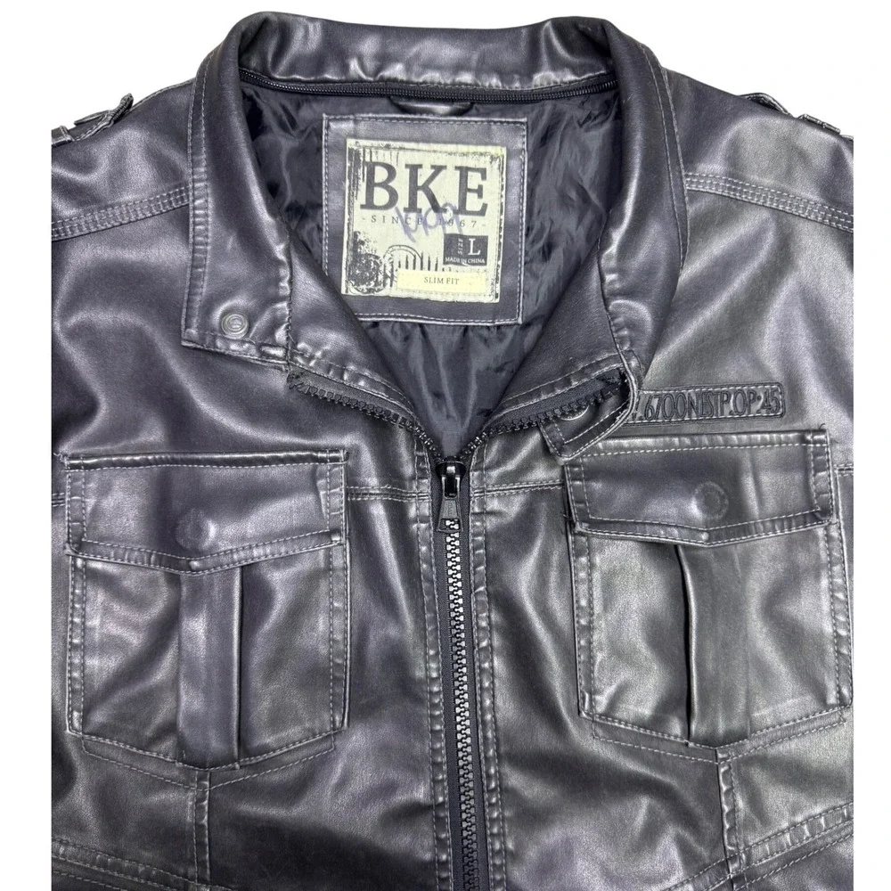 BKE Men's Faux Leather Jacket Dark Gray Size Large Slim Fit Motorcycle Biker